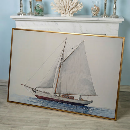 Serene Sailboat Seascape Canvas in rose gold floating frame