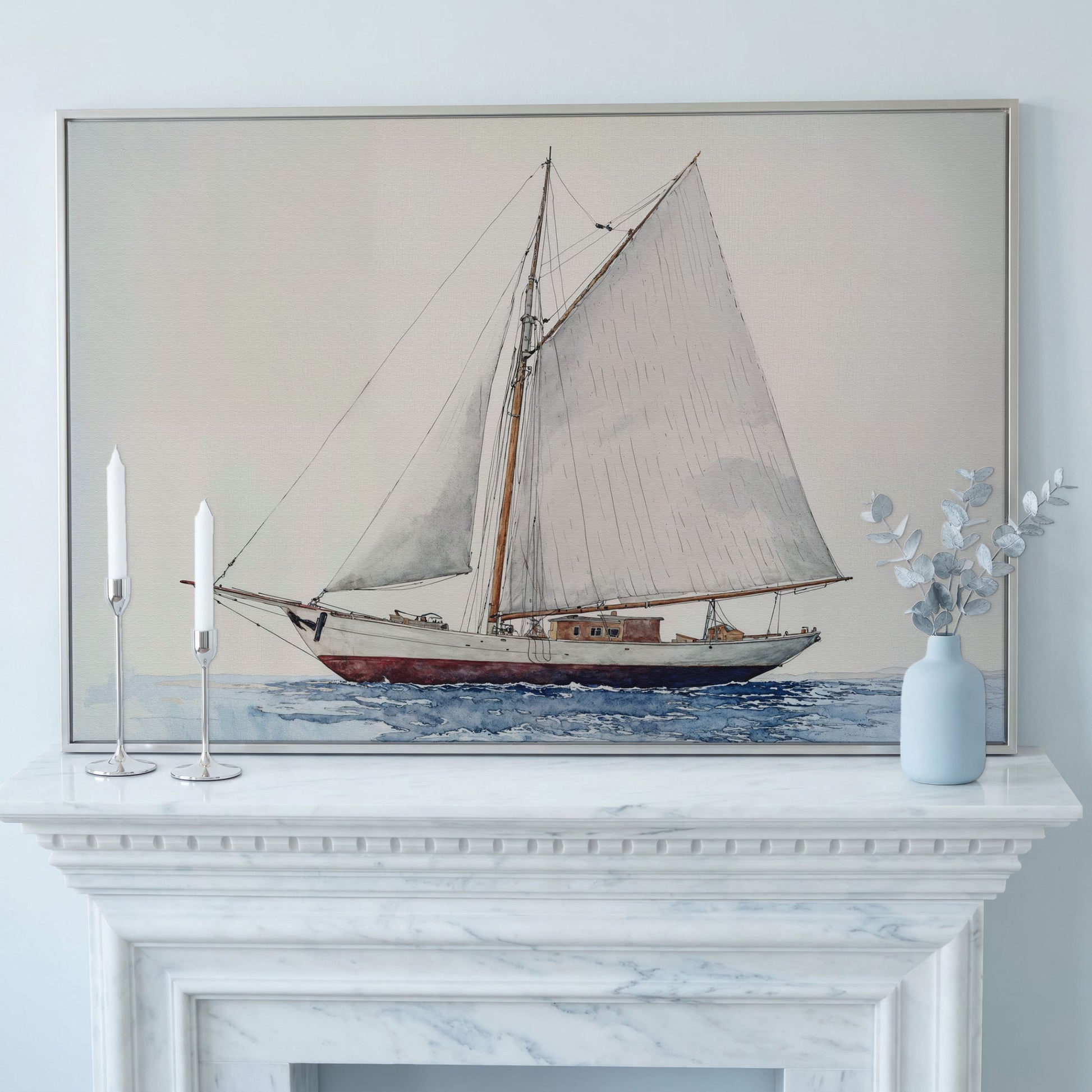 Serene Sailboat Seascape Canvas in silver floating frame
