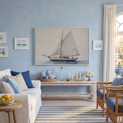 Serene Sailboat Seascape Canvas in white floating frame