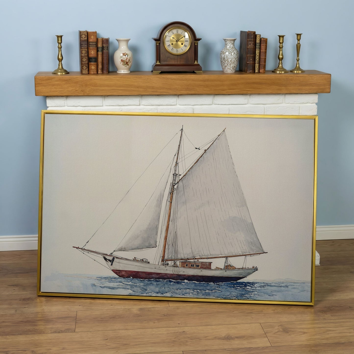 Serene Sailboat Seascape Canvas in yellow gold floating frame
