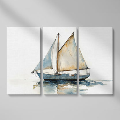 Watercolor Sailboat Canvas Print as 3-panel split version