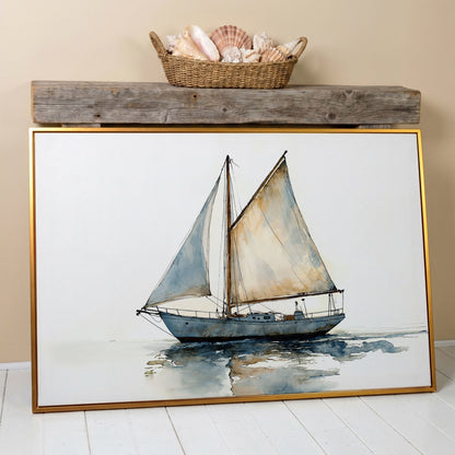 Watercolor Sailboat Canvas Print in antique gold floating frame