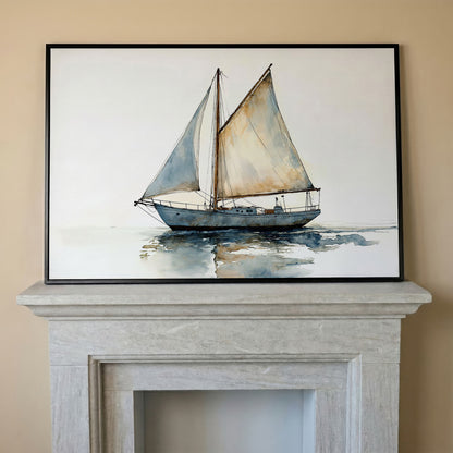 Watercolor Sailboat Canvas Print in black floating frame