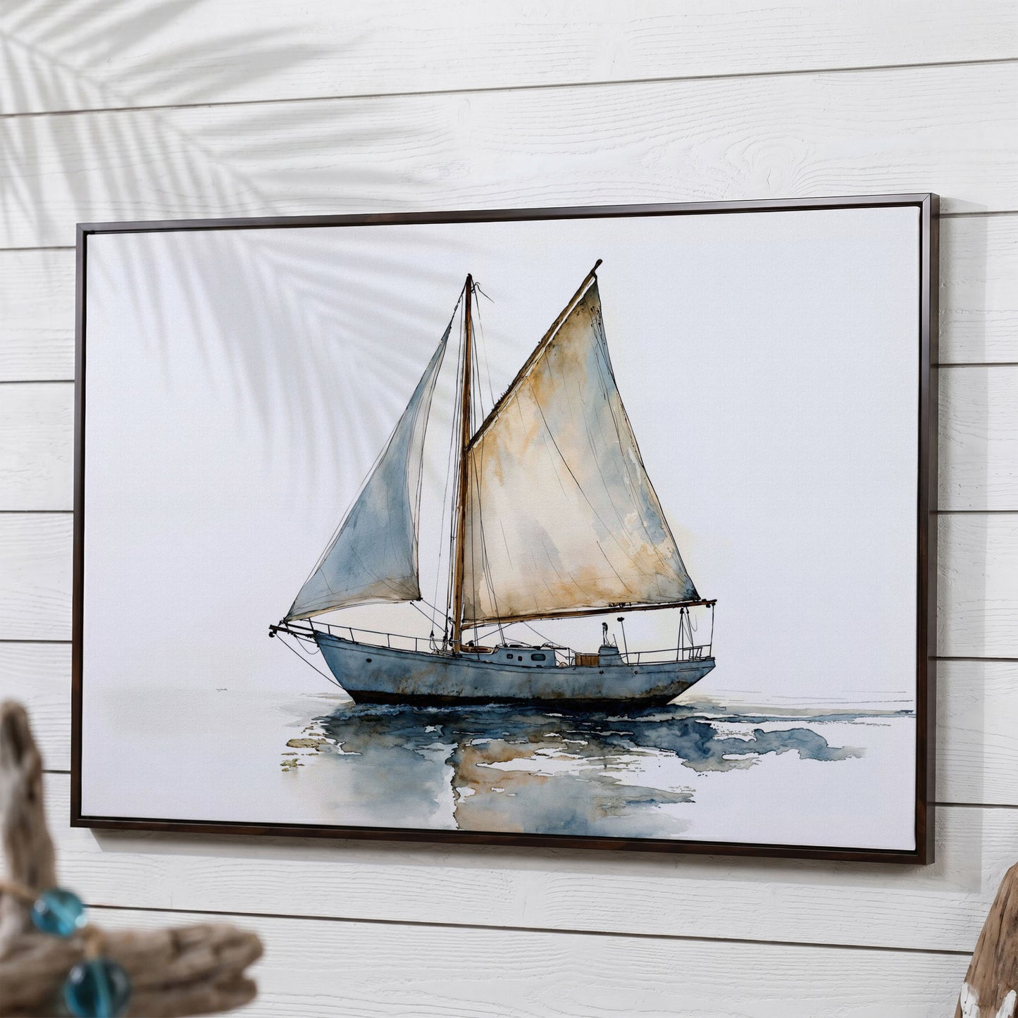 Watercolor Sailboat Canvas Print in dark walnut floating frame