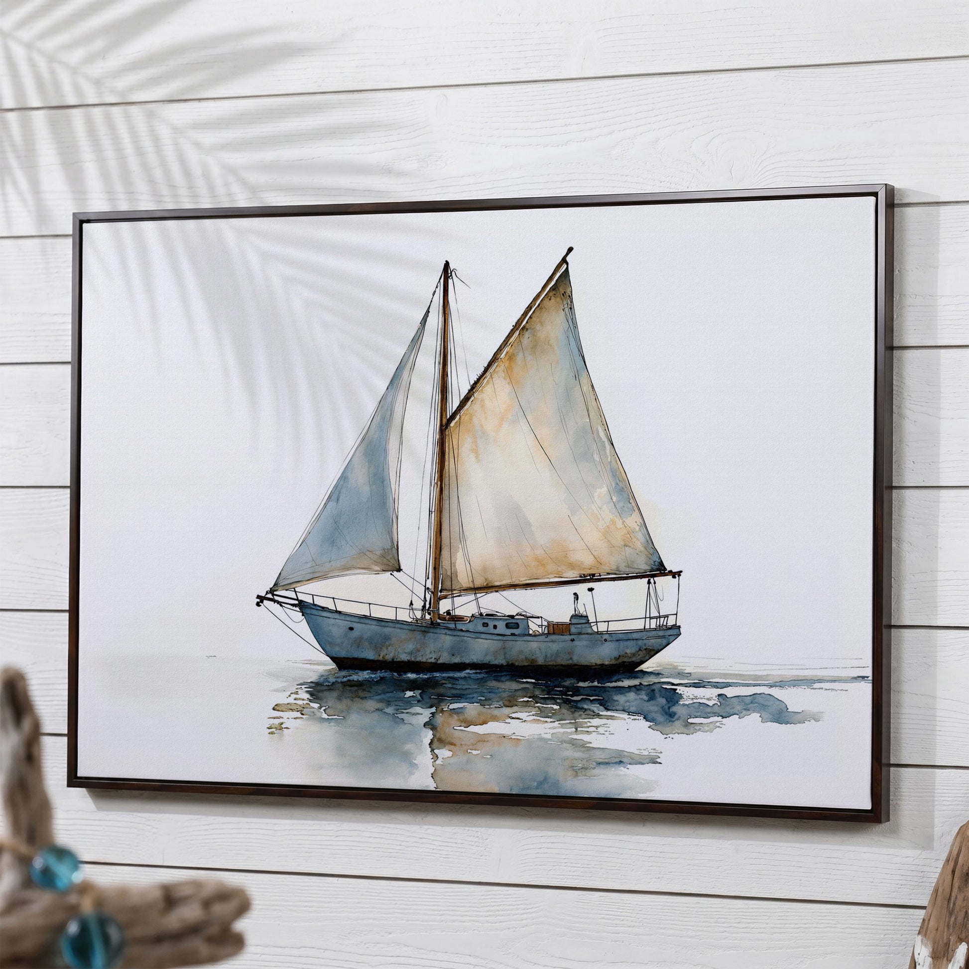 Watercolor Sailboat Canvas Print in dark walnut floating frame