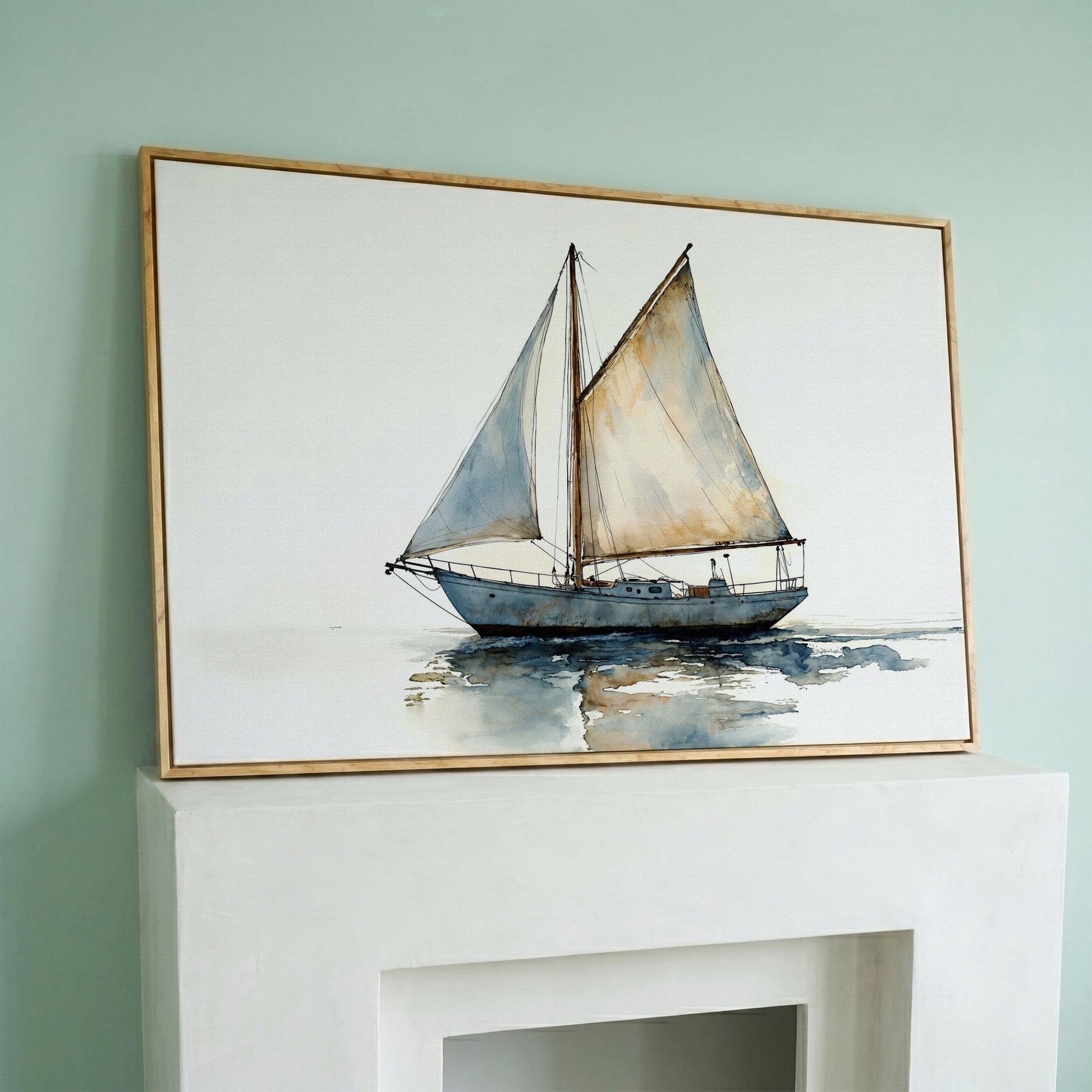 Watercolor Sailboat Canvas Print in white oak floating frame