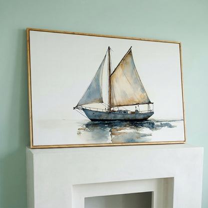 Watercolor Sailboat Canvas Print in white oak floating frame