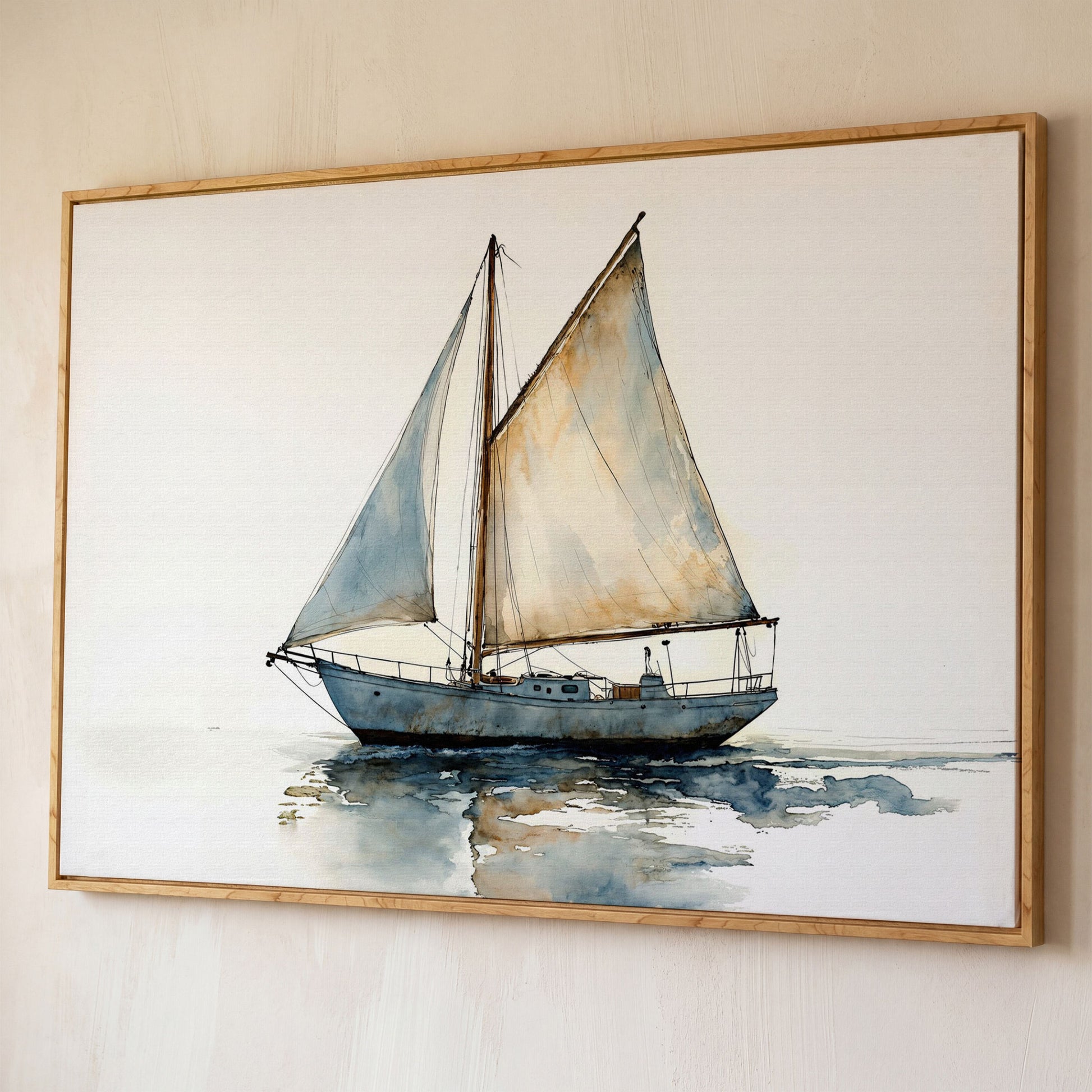 Watercolor Sailboat Canvas Print shown in white oak floating frame