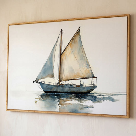 Watercolor Sailboat Canvas Print shown in white oak floating frame