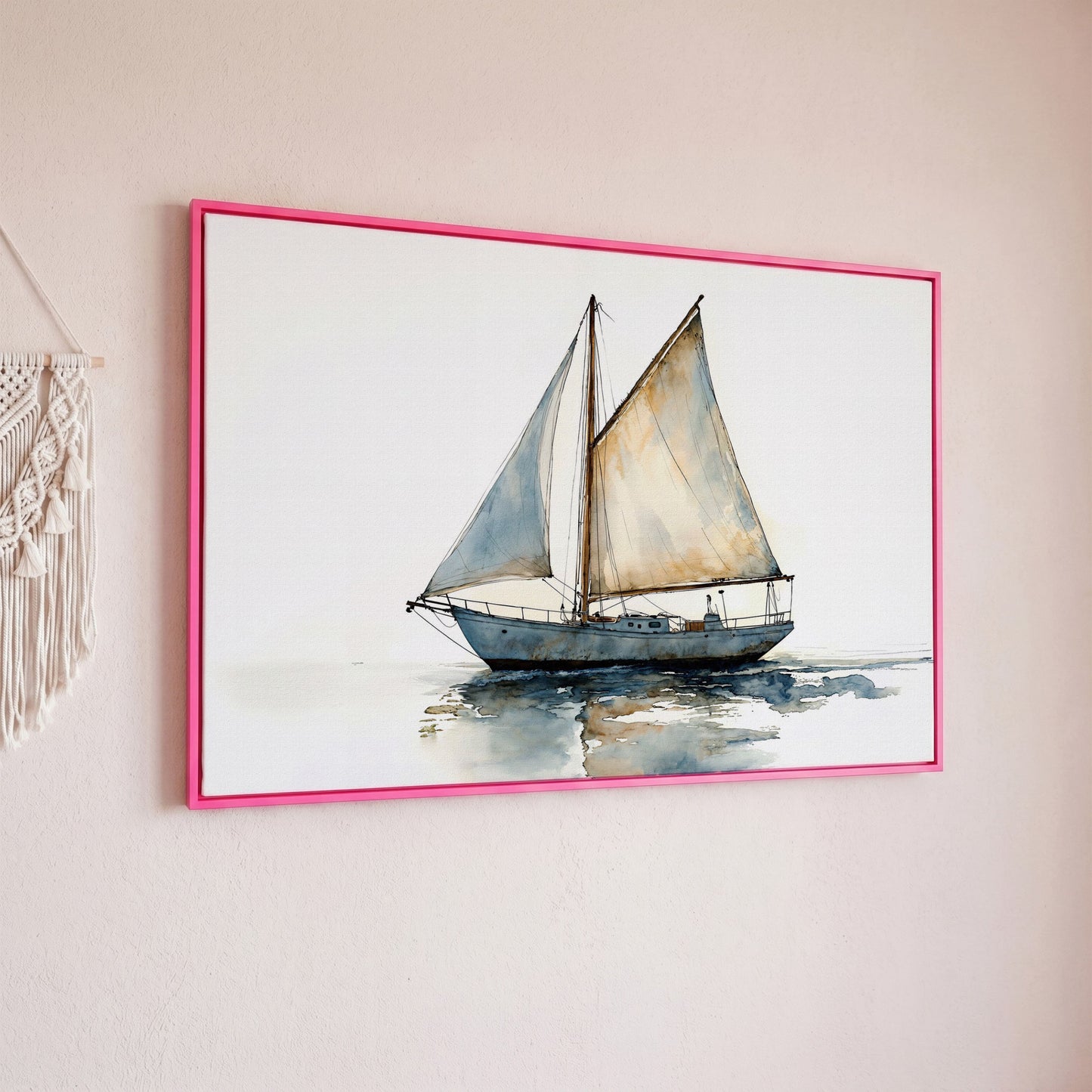 Watercolor Sailboat Canvas Print in pink floating frame