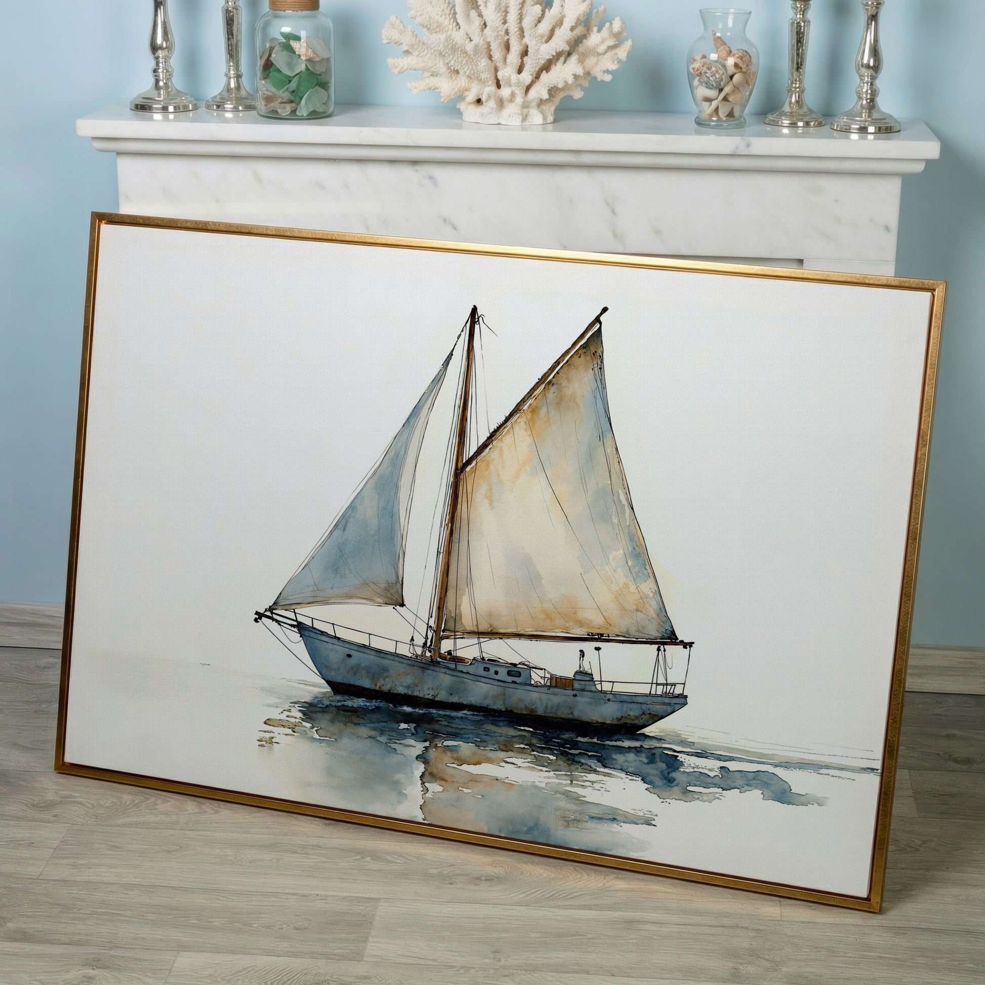 Watercolor Sailboat Canvas Print in rose gold floating frame