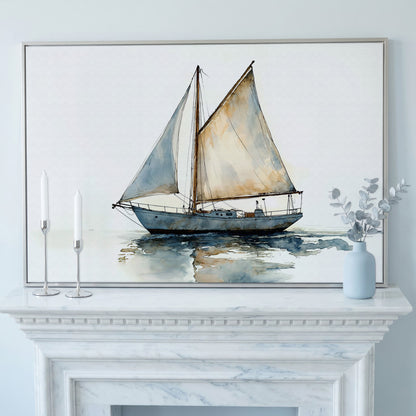 Watercolor Sailboat Canvas Print in silver floating frame