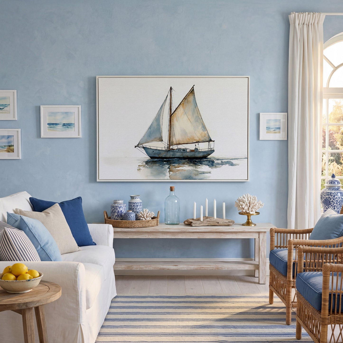 Watercolor Sailboat Canvas Print in white floating frame