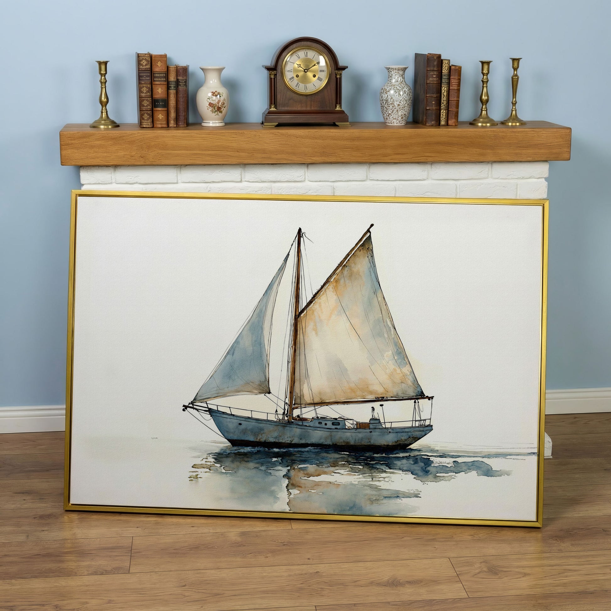 Watercolor Sailboat Canvas Print in yellow gold floating frame