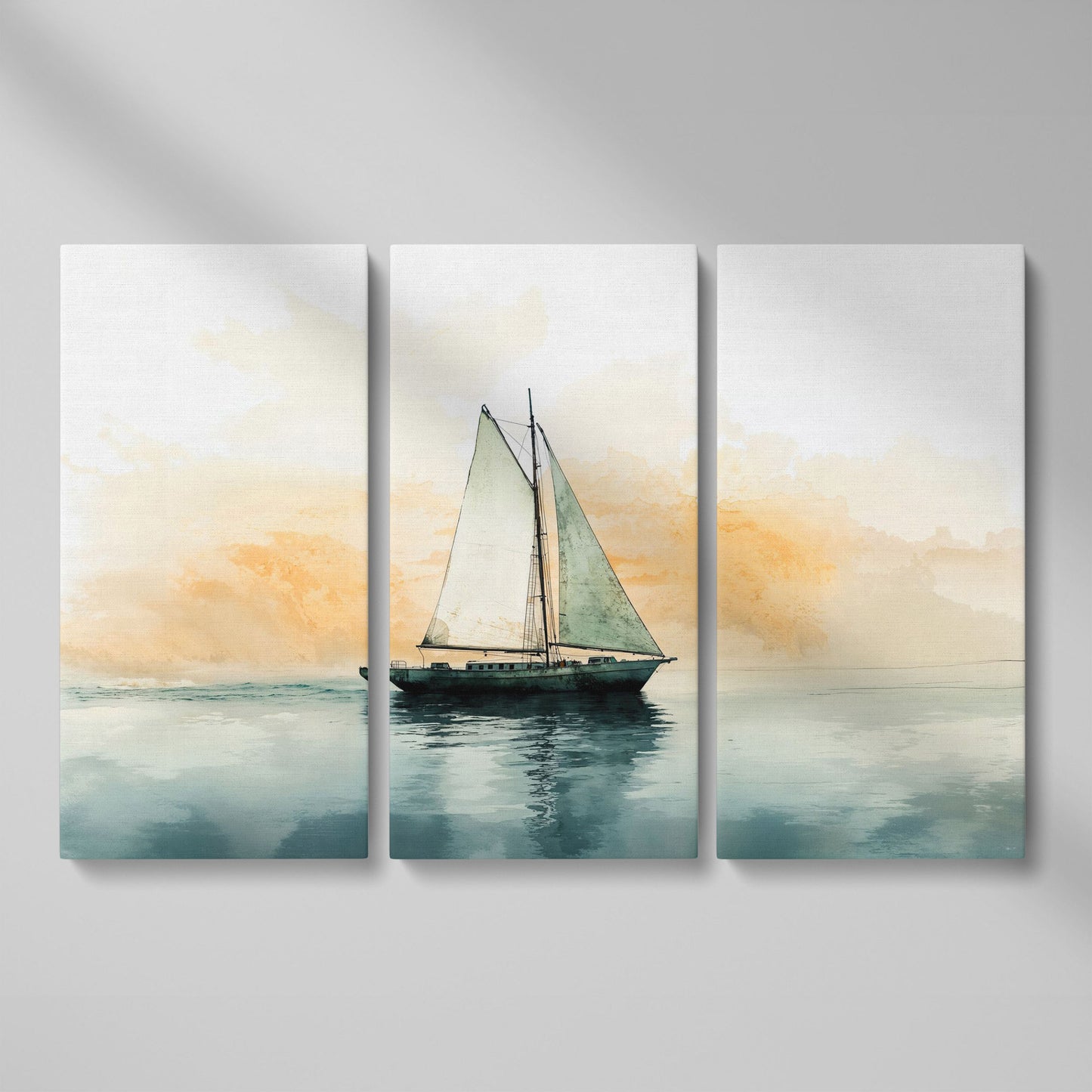 Sailboat at Dawn, Teal & Peach Ocean Canvas as 3-panel split version