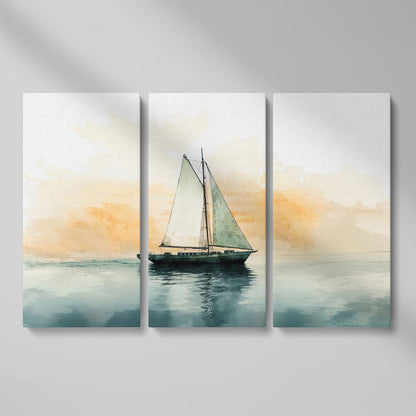 Sailboat at Dawn, Teal & Peach Ocean Canvas as 3-panel split version