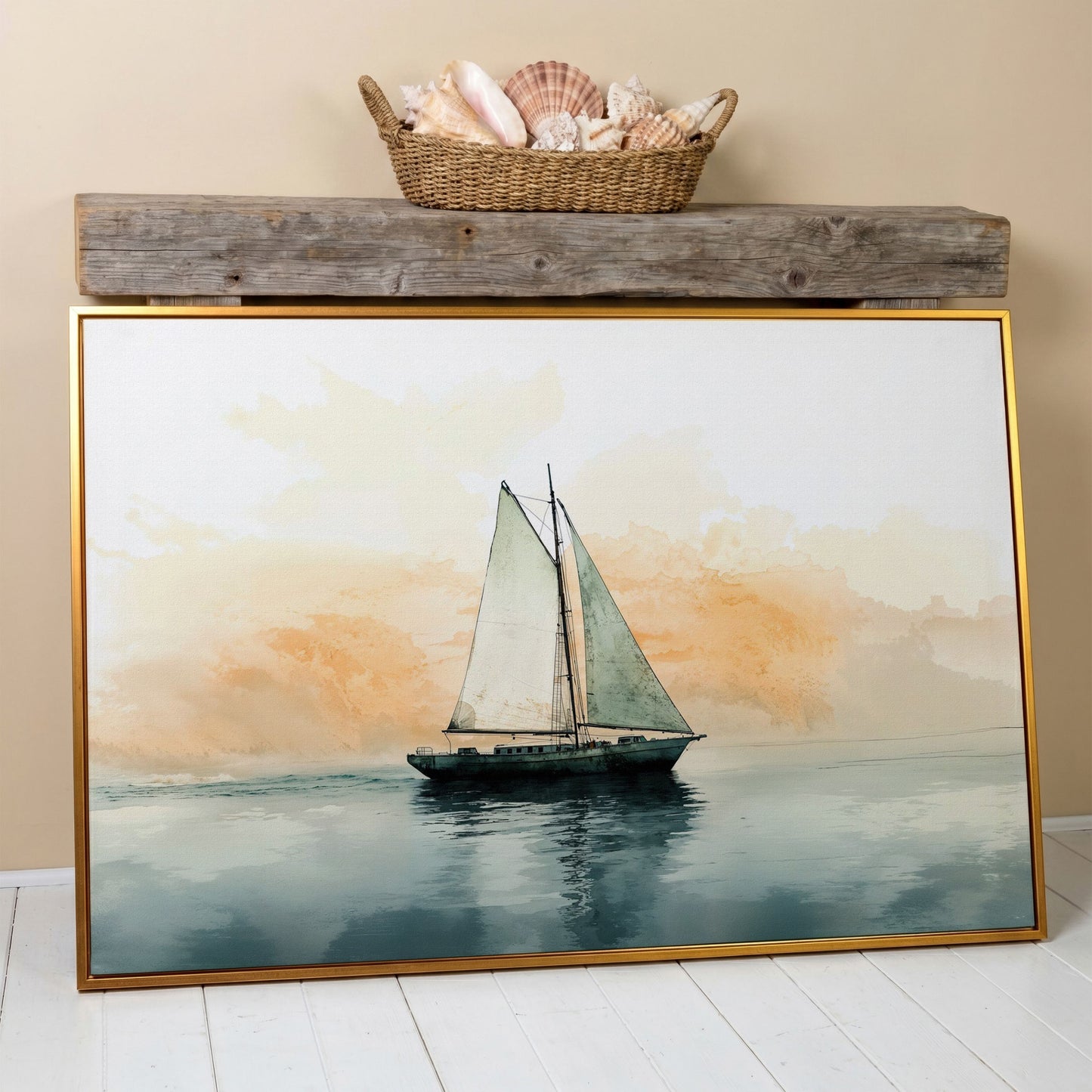 Sailboat at Dawn, Teal & Peach Ocean Canvas in antique gold floating frame