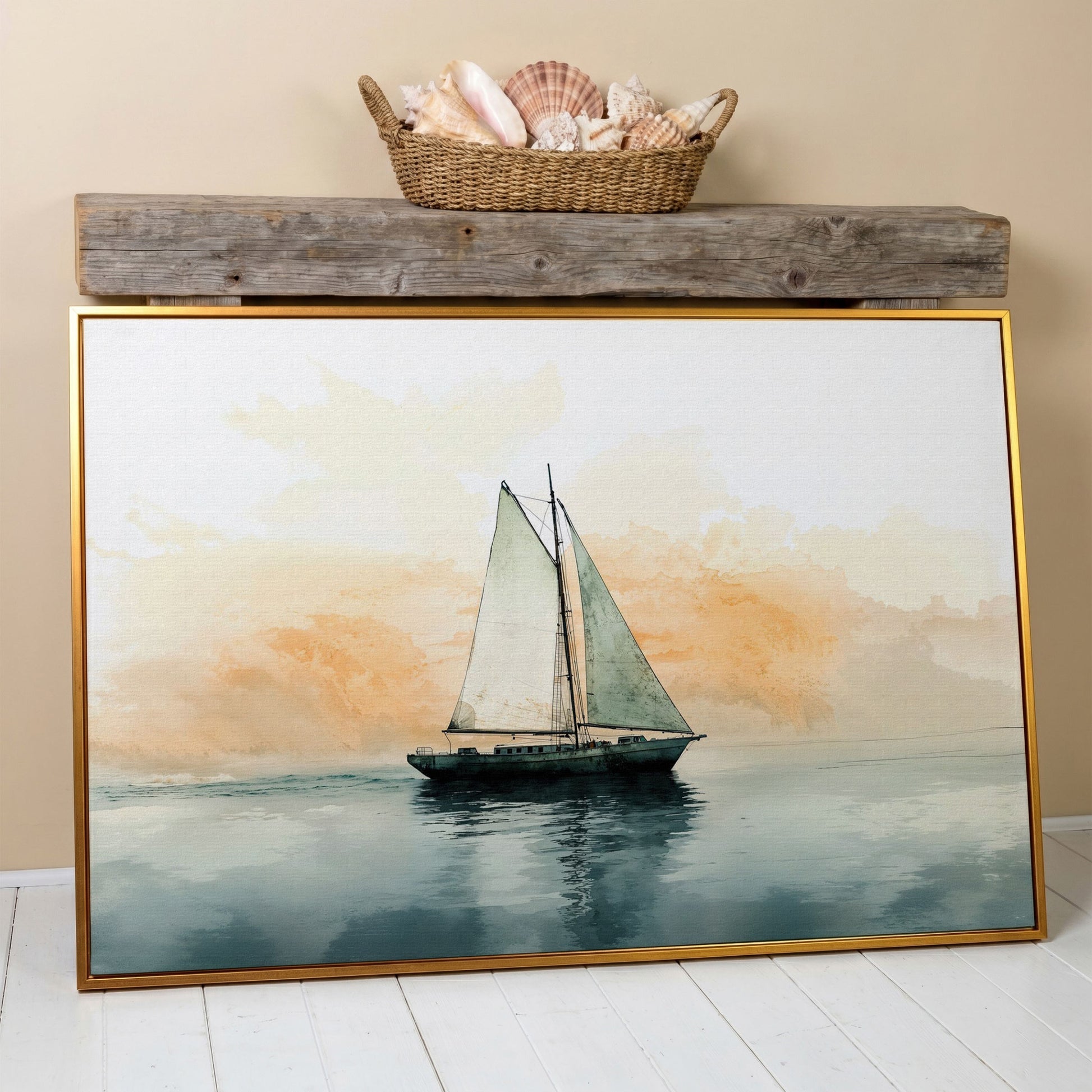 Sailboat at Dawn, Teal & Peach Ocean Canvas in antique gold floating frame