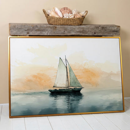Sailboat at Dawn, Teal & Peach Ocean Canvas in antique gold floating frame