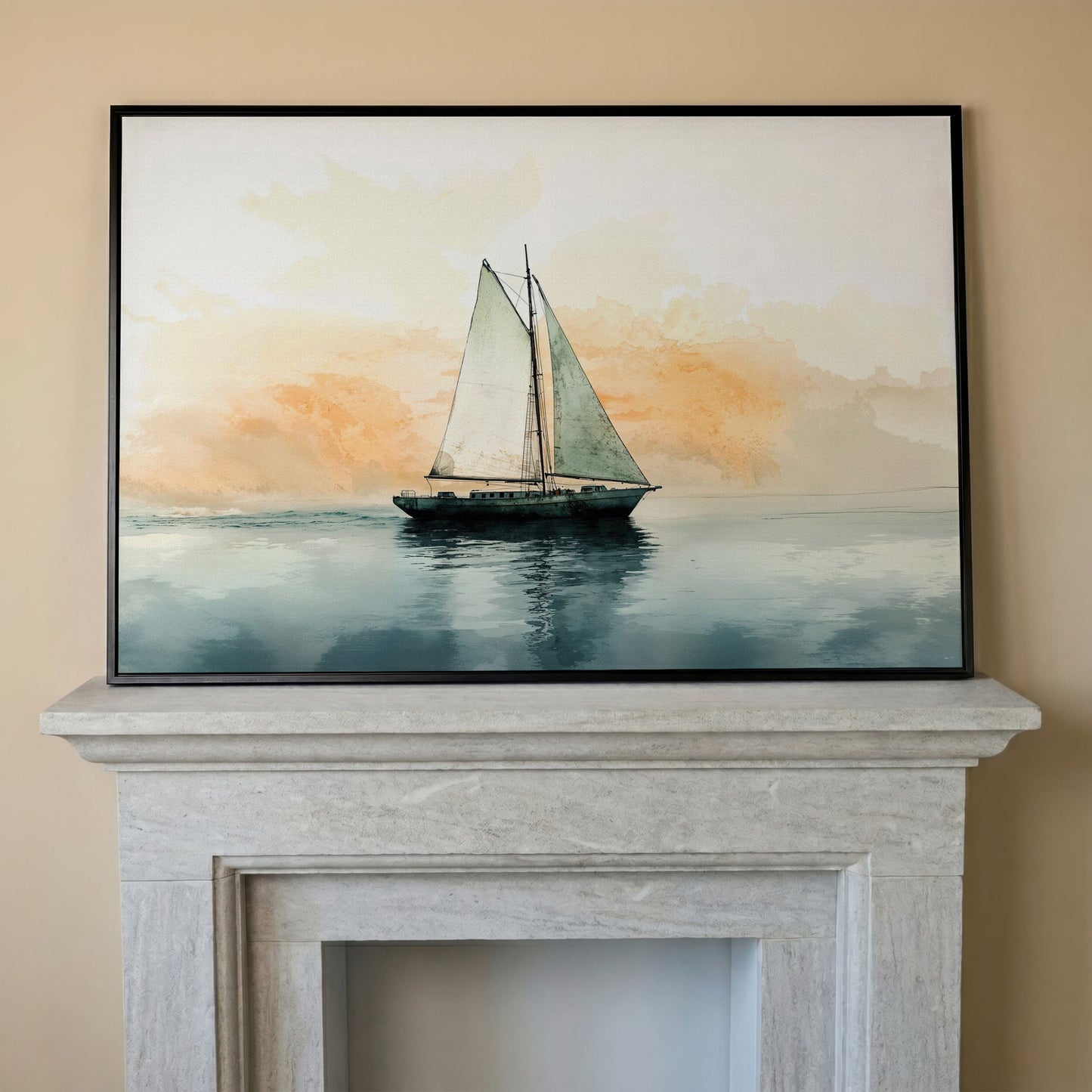 Sailboat at Dawn, Teal & Peach Ocean Canvas in black floating frame