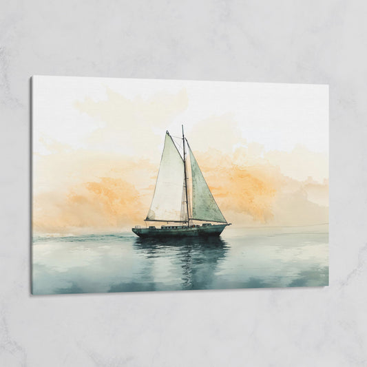 Sailboat at Dawn, Teal & Peach Ocean Canvas on gallery wrap