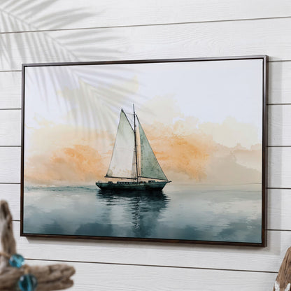 Sailboat at Dawn, Teal & Peach Ocean Canvas in dark walnut floating frame