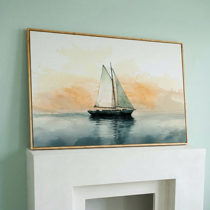 Sailboat at Dawn, Teal & Peach Ocean Canvas in white oak floating frame