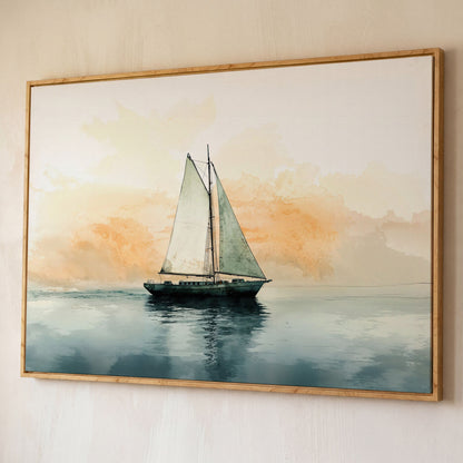 Sailboat at Dawn, Teal & Peach Ocean Canvas shown in white oak floating frame