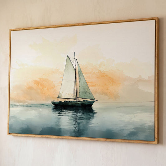 Sailboat at Dawn, Teal & Peach Ocean Canvas shown in white oak floating frame
