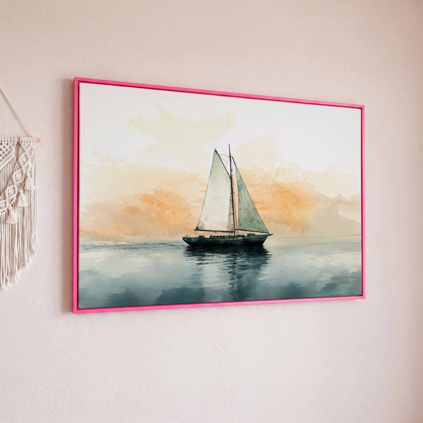 Sailboat at Dawn, Teal & Peach Ocean Canvas in pink floating frame