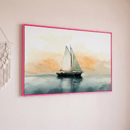 Sailboat at Dawn, Teal & Peach Ocean Canvas in pink floating frame