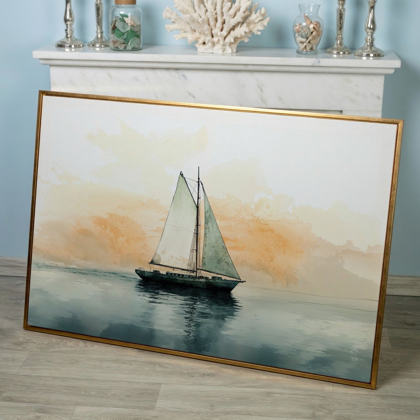 Sailboat at Dawn, Teal & Peach Ocean Canvas in rose gold floating frame
