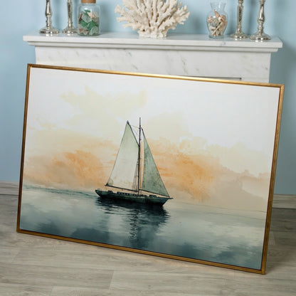 Sailboat at Dawn, Teal & Peach Ocean Canvas in rose gold floating frame