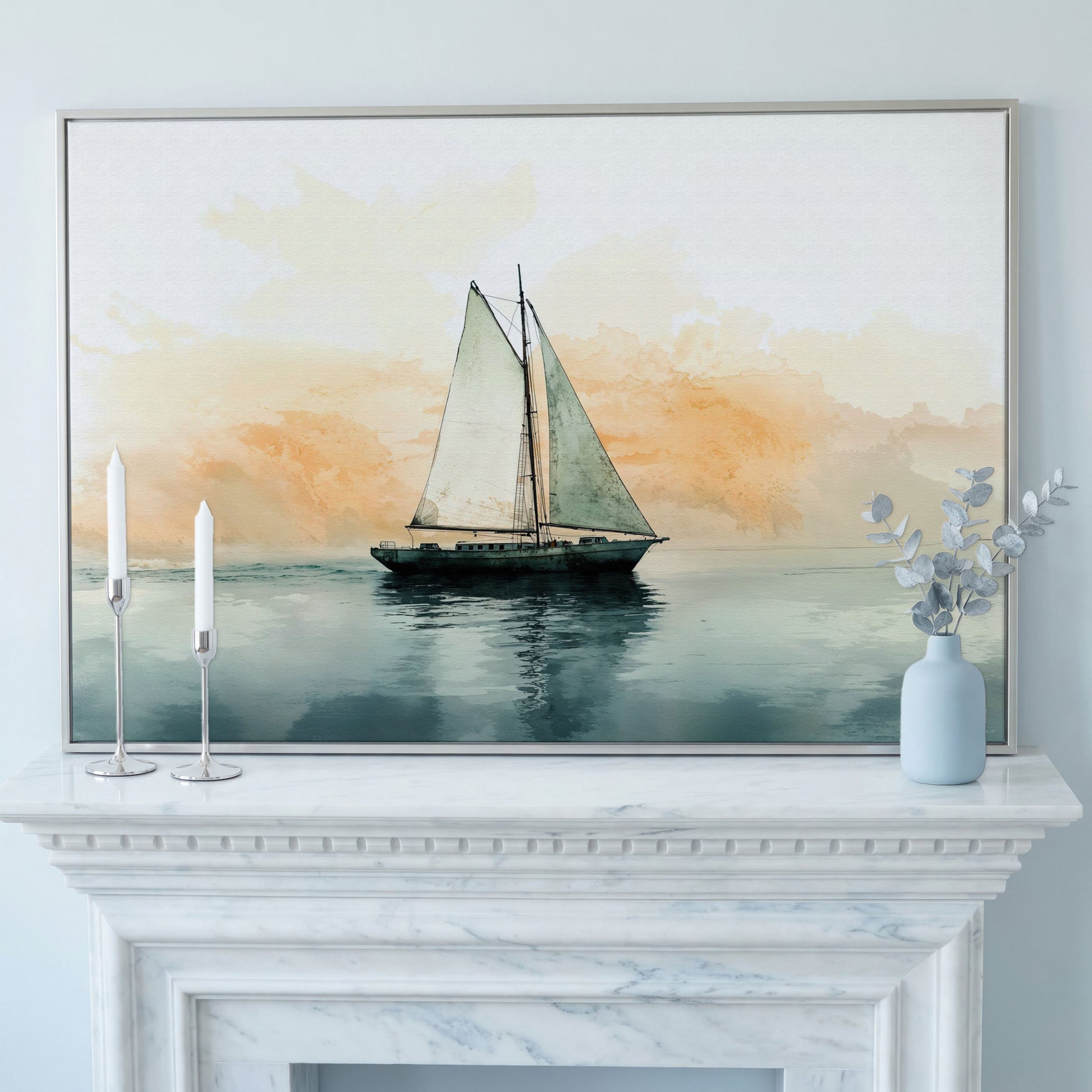 Sailboat at Dawn, Teal & Peach Ocean Canvas in silver floating frame