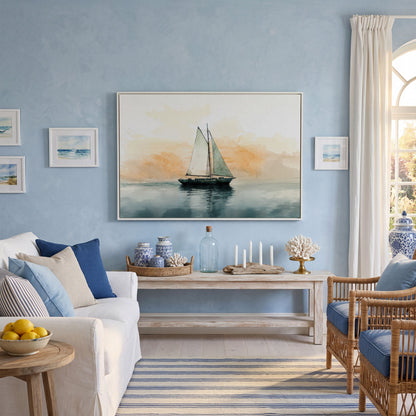 Sailboat at Dawn, Teal & Peach Ocean Canvas in white floating frame