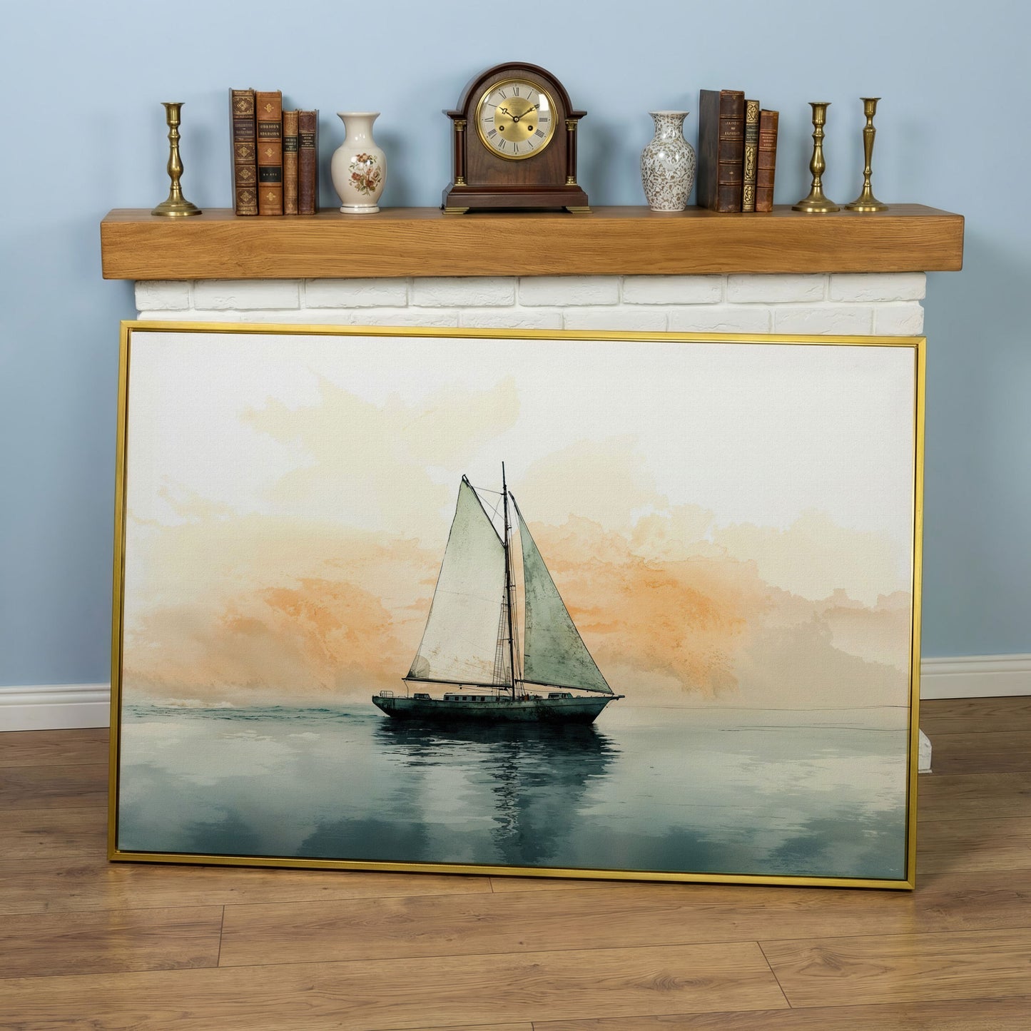 Sailboat at Dawn, Teal & Peach Ocean Canvas in yellow gold floating frame
