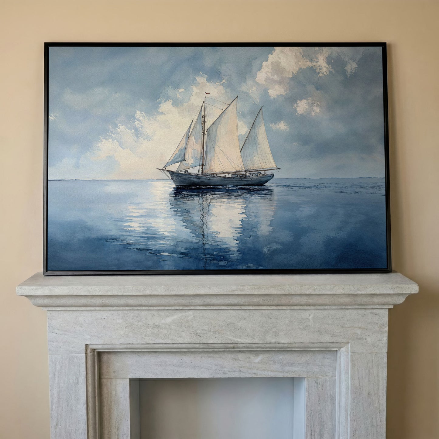 Sailboat in Calm Waters Canvas in black floating frame