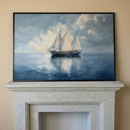 Sailboat in Calm Waters Canvas in black floating frame