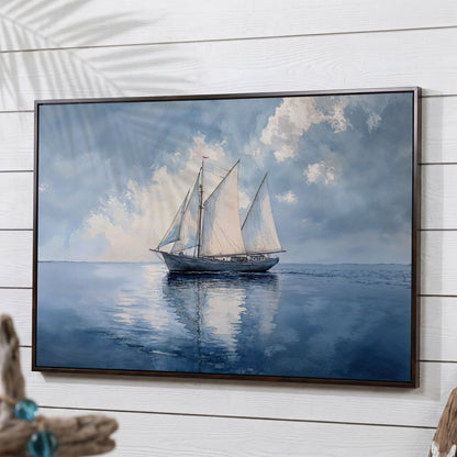 Sailboat in Calm Waters Canvas in dark walnut floating frame