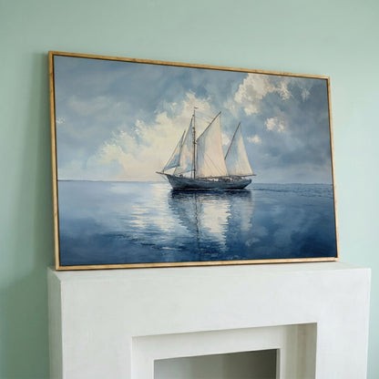 Sailboat in Calm Waters Canvas in white oak floating frame