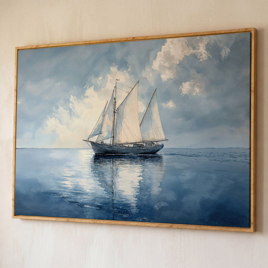 Sailboat in Calm Waters Canvas shown in white oak floating frame
