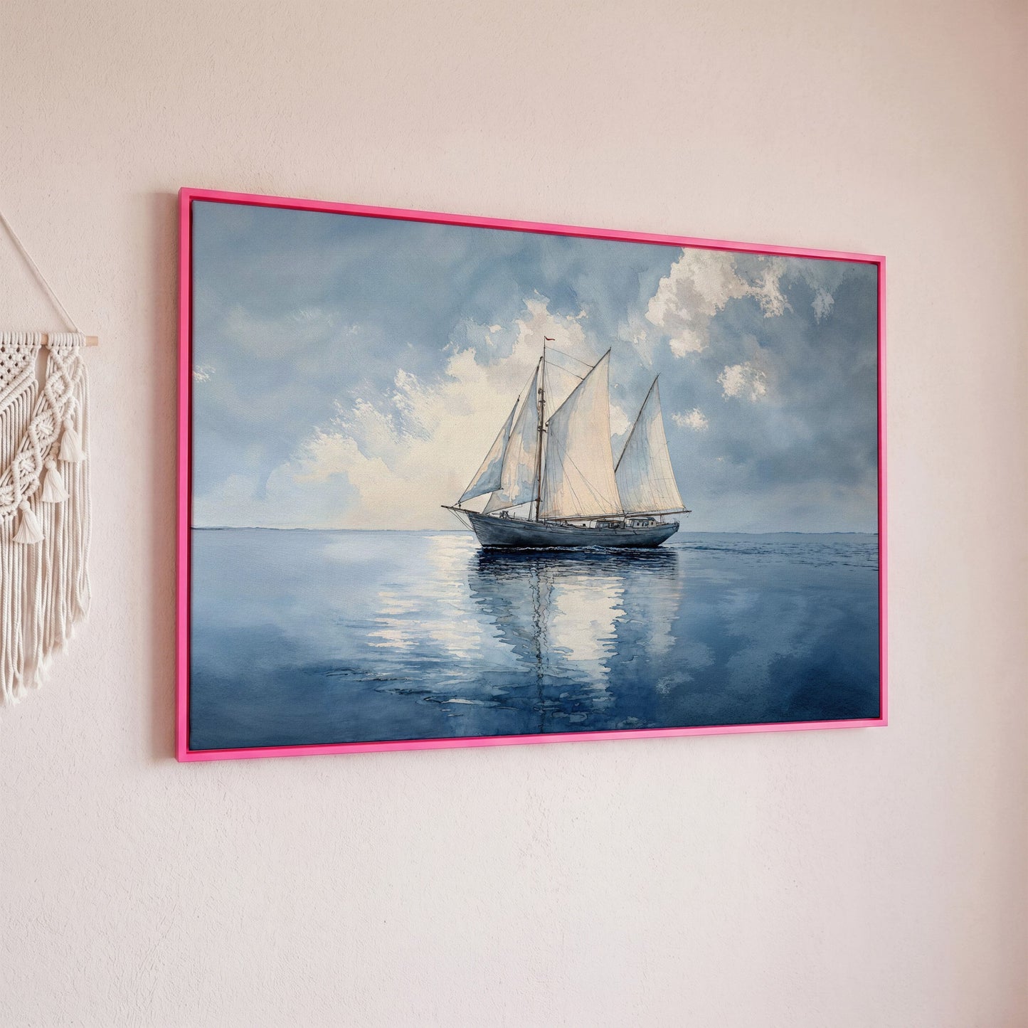 Sailboat in Calm Waters Canvas in pink floating frame