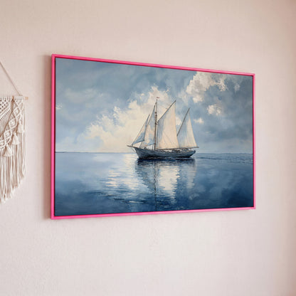 Sailboat in Calm Waters Canvas in pink floating frame