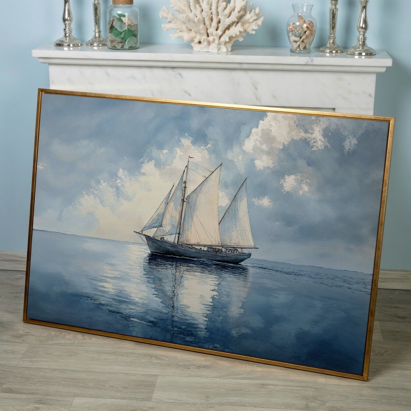 Sailboat in Calm Waters Canvas in rose gold floating frame