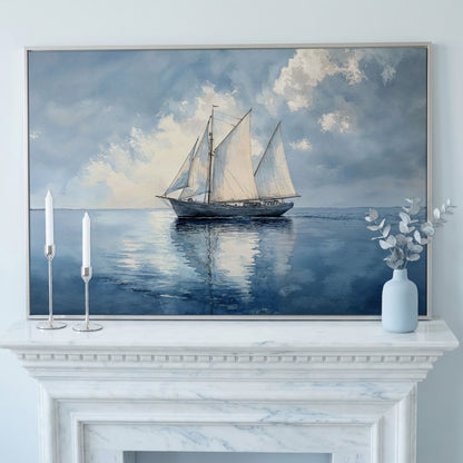 Sailboat in Calm Waters Canvas in silver floating frame