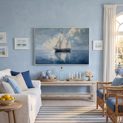Sailboat in Calm Waters Canvas in white floating frame
