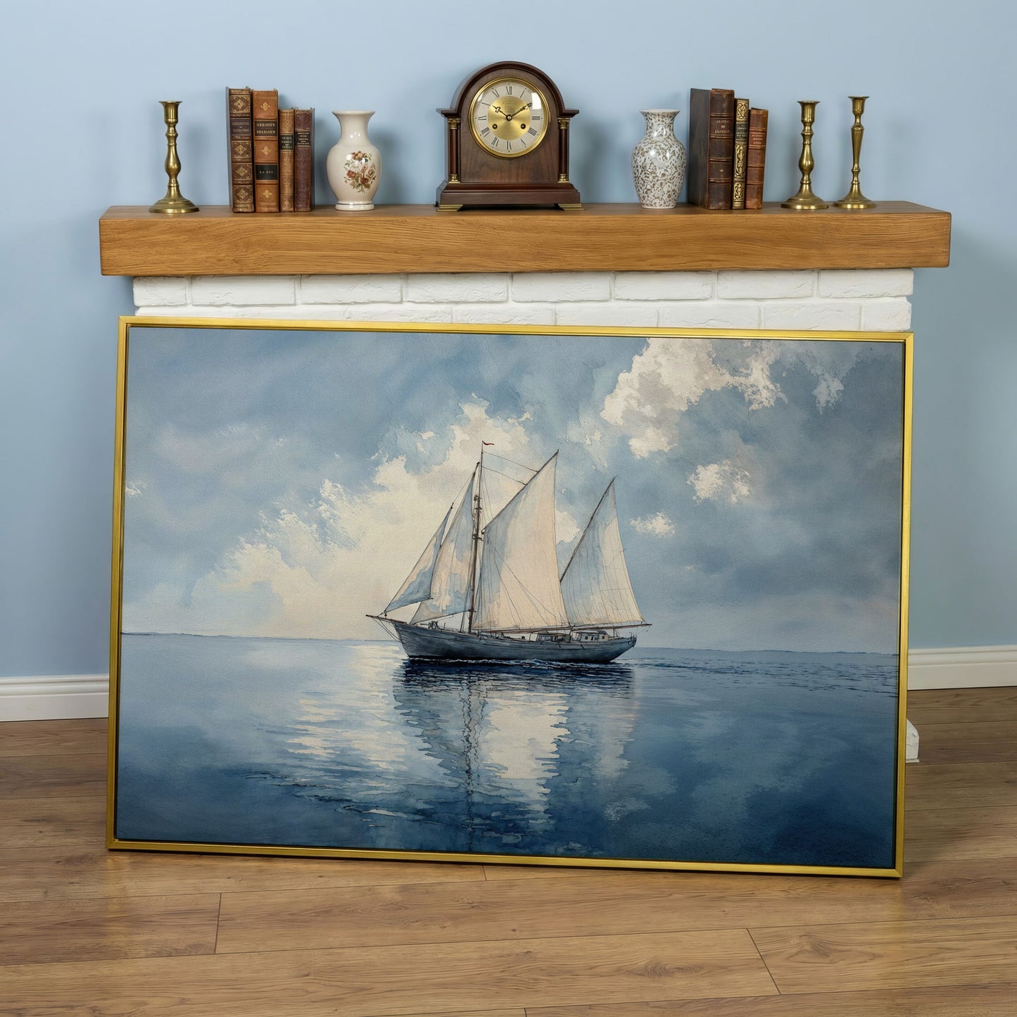Sailboat in Calm Waters Canvas in yellow gold floating frame
