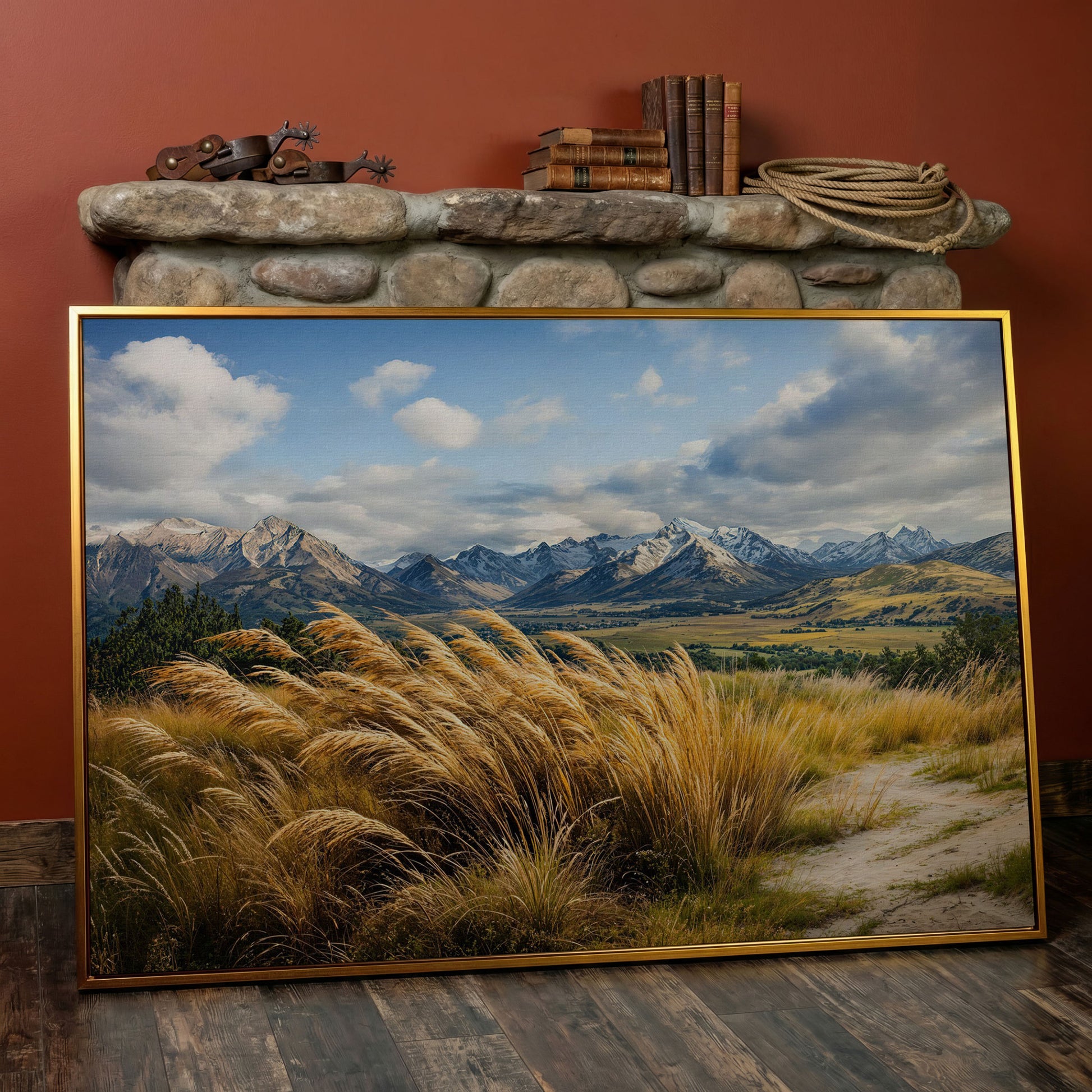 Mountain Valley Panoramic Canvas in antique gold floating frame