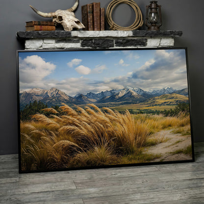 Mountain Valley Panoramic Canvas in black floating frame