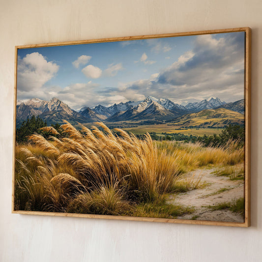 Mountain Valley Panoramic Canvas shown in white oak floating frame